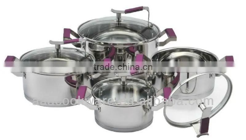 Professional 8pcs 18/8 New Design colorful silicone handle Stainless Steel Cookware Sets