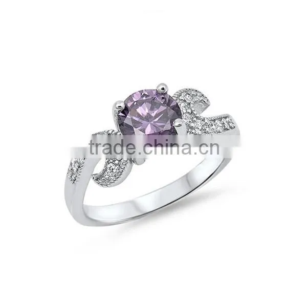 925 Sterling silver round amethyst prong setting CZ ring