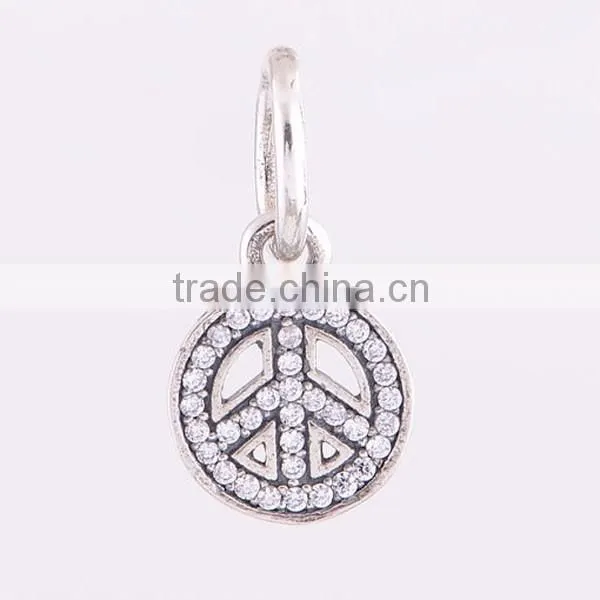 925 Sterling Silver Symbol of Peace with Clear CZ Pendant Charm Bead