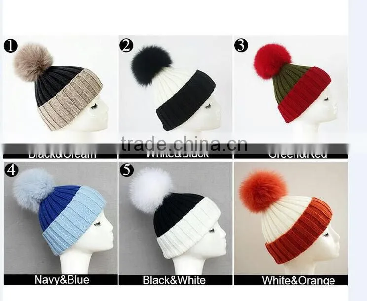 KH31 Wholesale factory price wool knitted hat with fox fur pompons