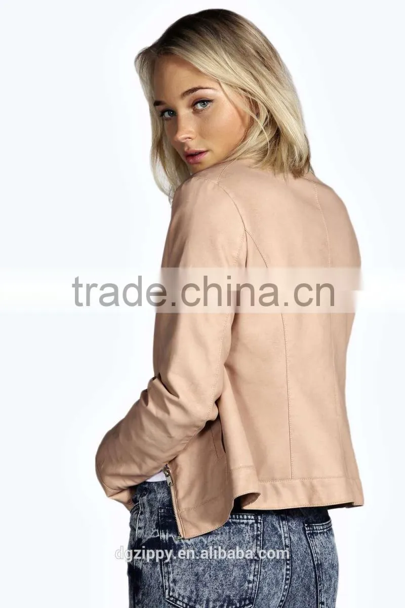 Shiny Collarless Faux Leather Jacket