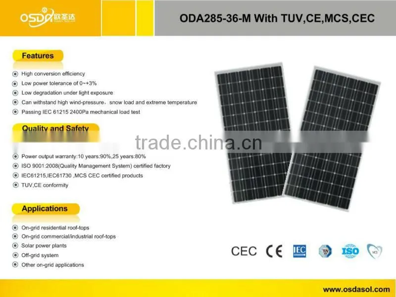 TUV MCS CEC certificated 285W mono solar panel