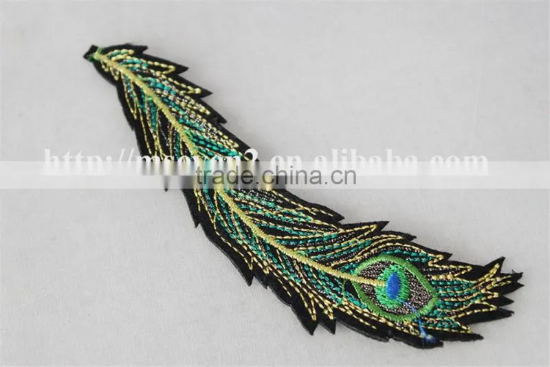good looking green color applique embroidery design patch peacock feathers decoration garment