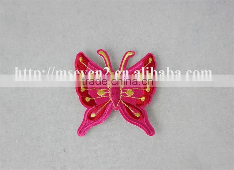 fancy design 7*8cm cotton embrodidery trim patch in pink butterfly design for garment