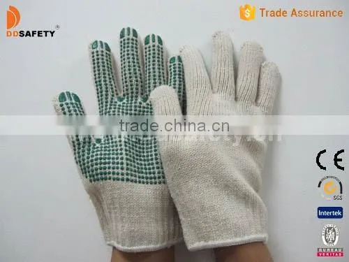 DDSAFETY 2017 7G 4 Threads Natural Cotton And Polyester String Knitted Gloves With Green Pigments