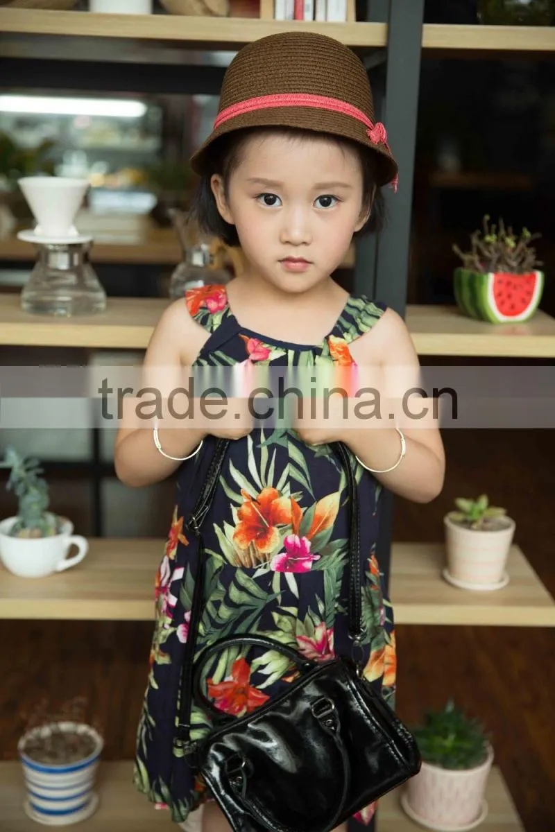 fashion 2016 girl sleeveless strap dress bright color printed flower girl dress