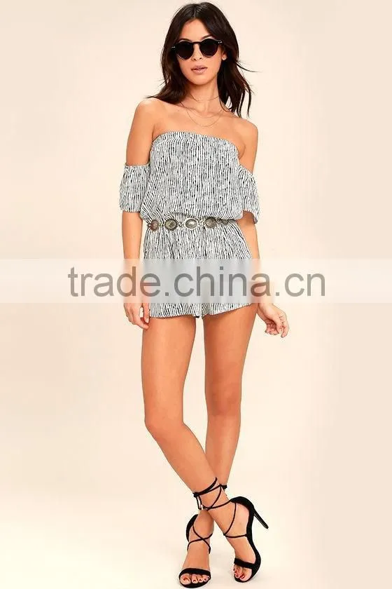 Summer off shoulder Black and white stripe romper women for wholesale