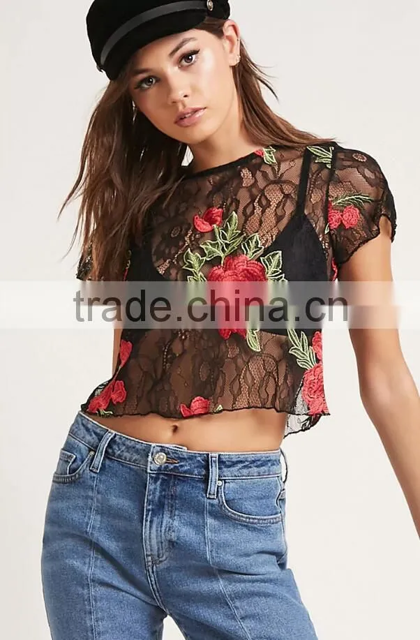 Guangzhou Shandao OEM Service Summer New Design Fashion Short Sleeve Black Lace Embroidered Womens Crop Top
