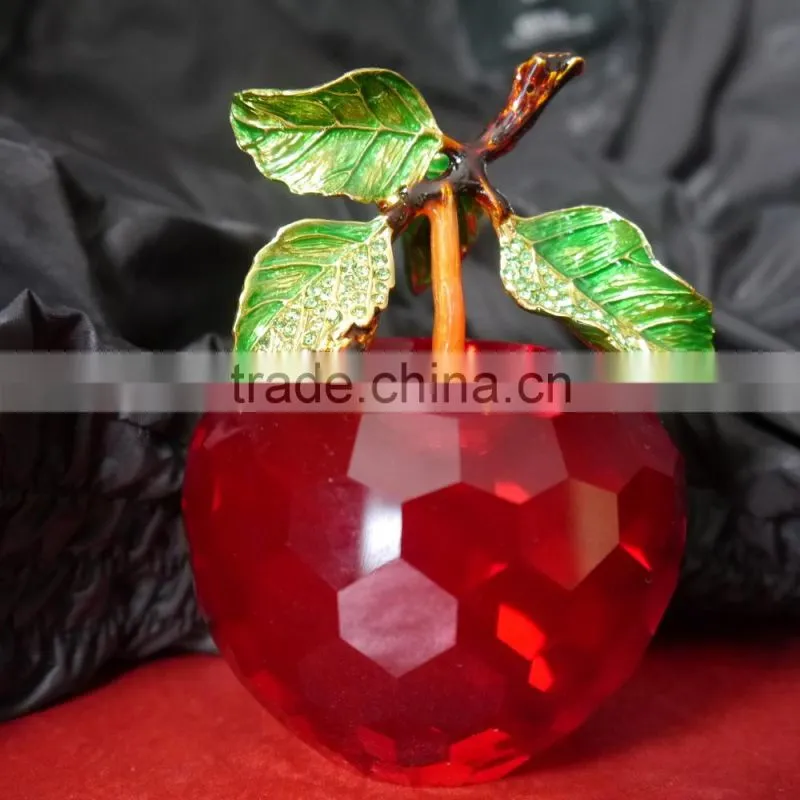 High Quality Faceted Blue Crystal Apple with metal leaf Crafts