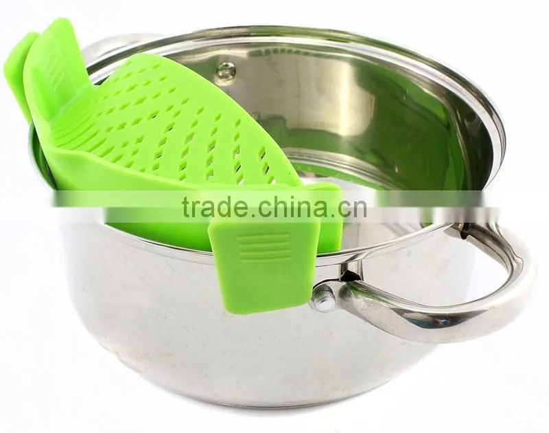 Clip-on Silicone Strainer for Draining Food while Cooking Snap Pan Strainer