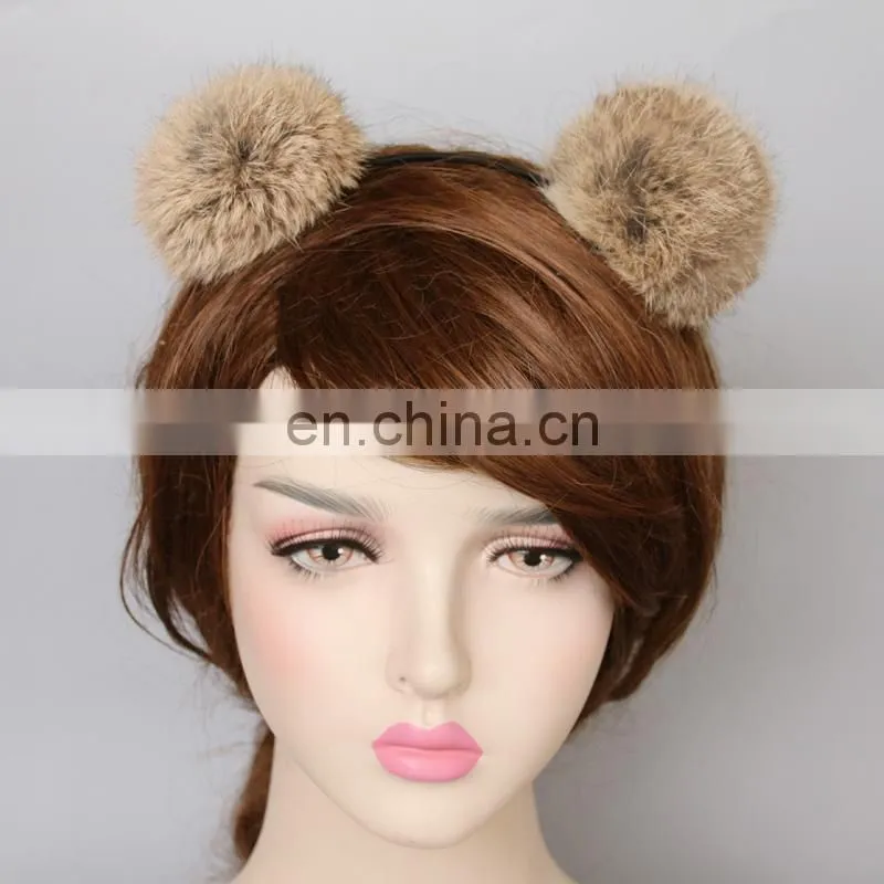 High quality fur accessory hand made real fur pompom hair bands for girl