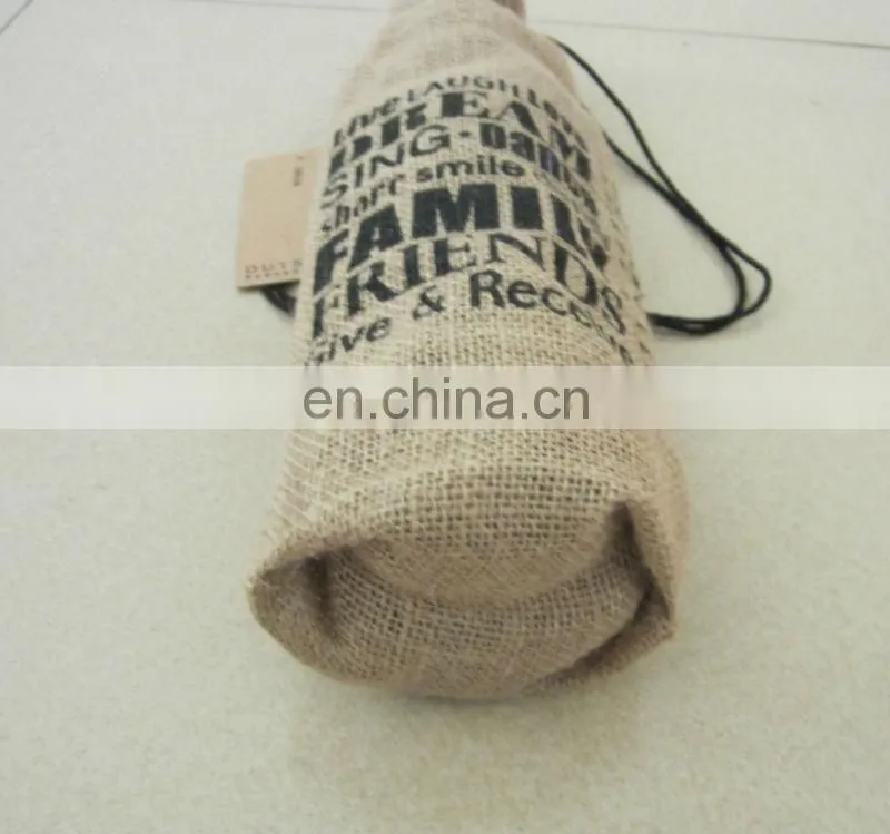 promotional jute wine drawstring bag with paper tag tied on the drawstring