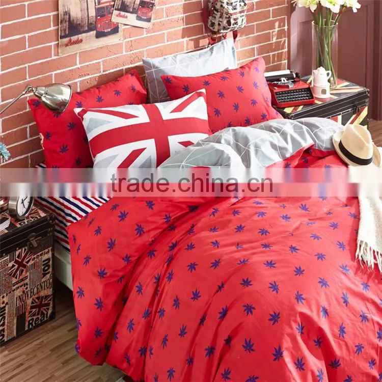 Hot bright color red maple leaf printed cotton sheets set good quality 100% cotton comforter bedding sets low price