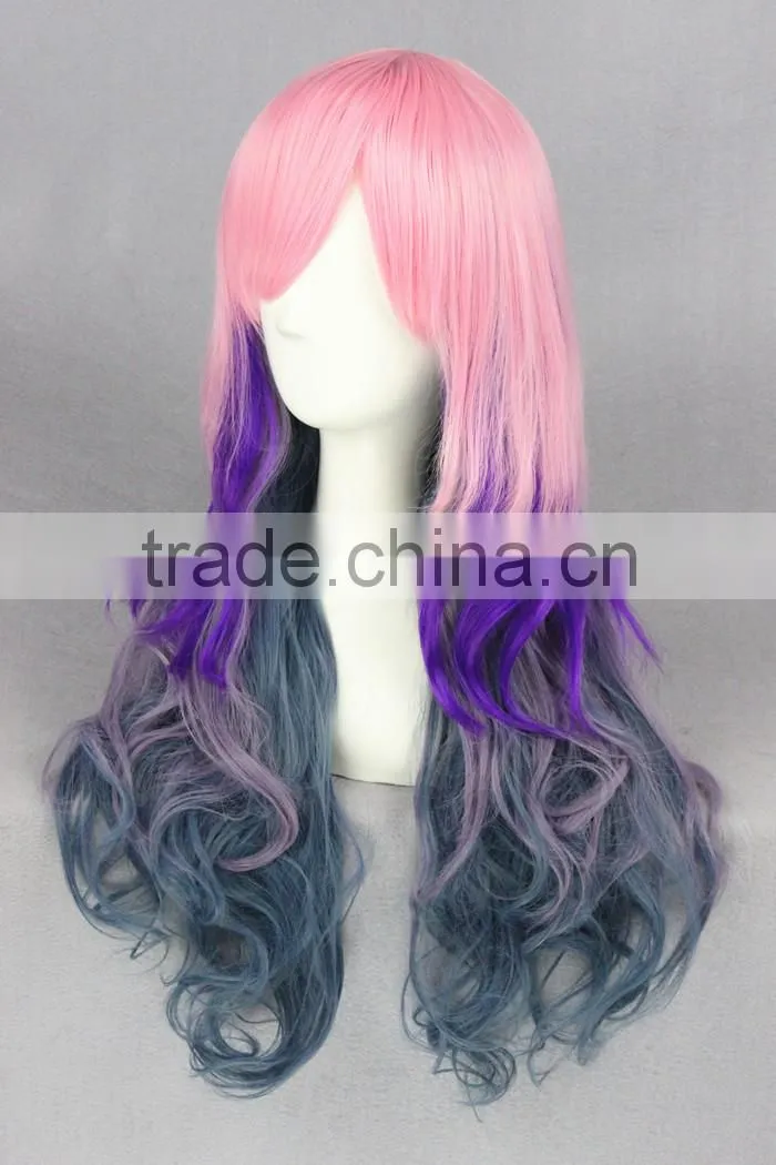 cheap beauty long 70cm colorful pink purple Gary wave cosplay Lolita women party wig