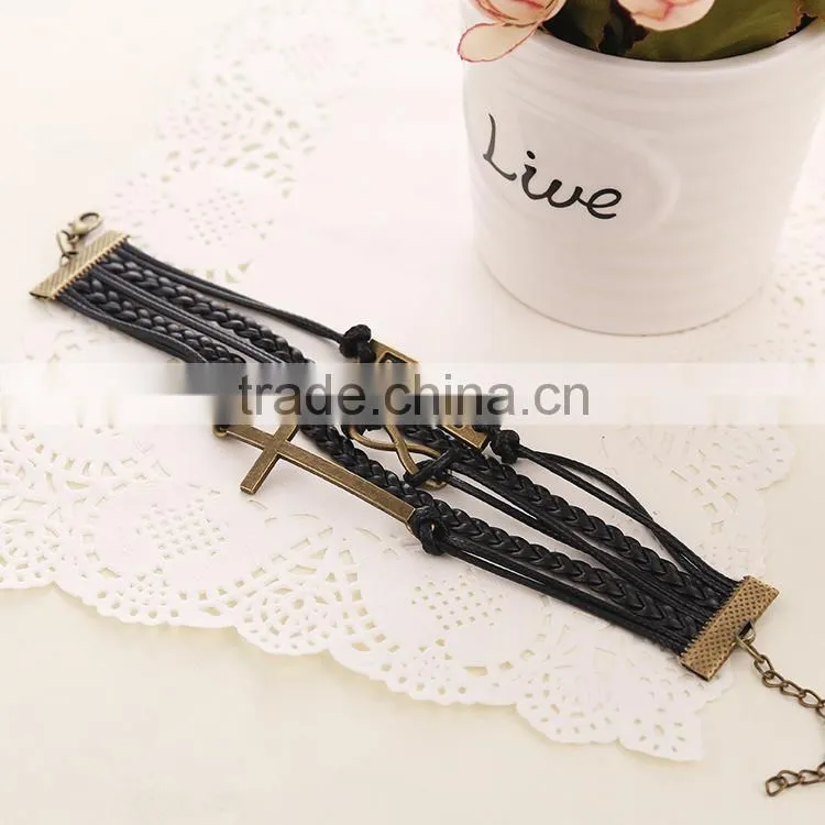 2015 china handmake antique vintage gold cross best friend infinity charm braided leather bracelet