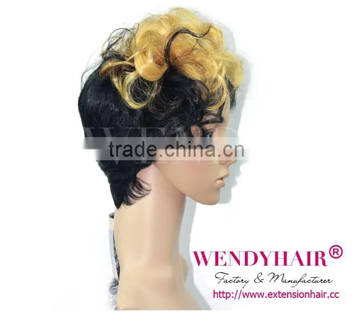 black hair with yellow highlights short kinky curly synthetic wig