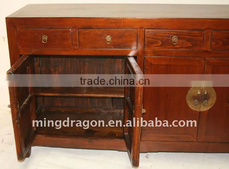 Chinese Antique Old Wood Colour Finished Buffet four drawer four door cabinet