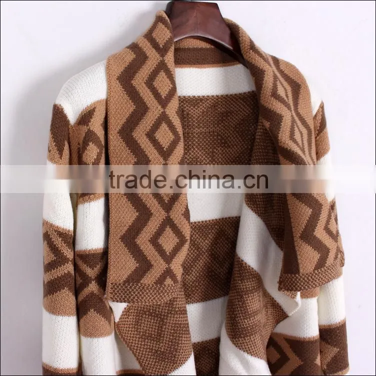 2014 the most latest high quality Glamorous European and American show cardigan geometric pattern jacquard long cape coat