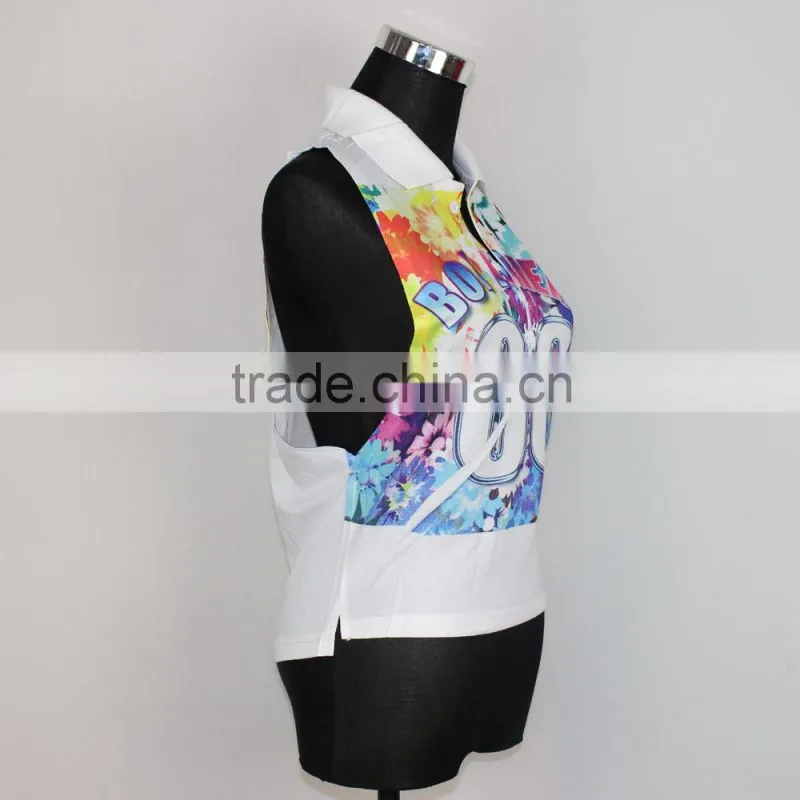 stand collar sleeveless colorful printing blouse tops with button