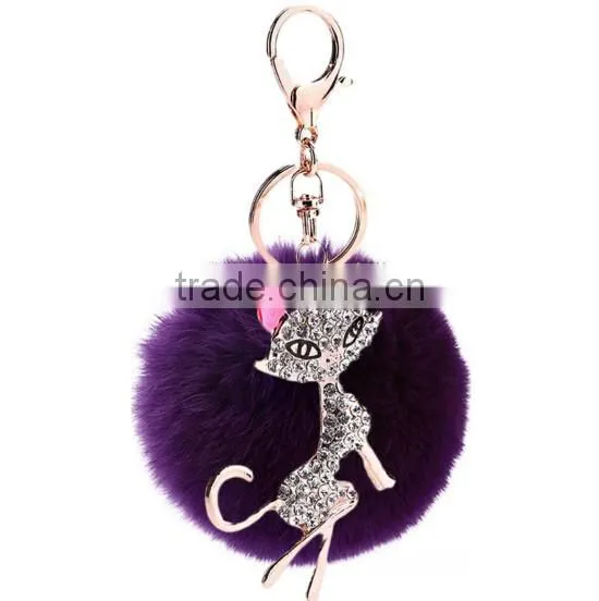 Rhinestone charm car keychain with gray rabbit plush ball