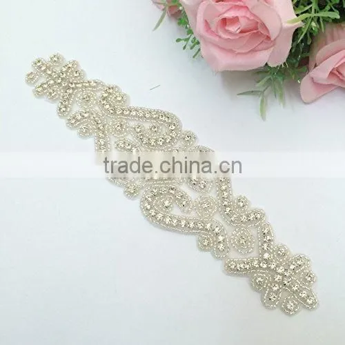 Bridal trimmings clear crystal rhinestone applique with pearls hotfix for wedding dress accessory