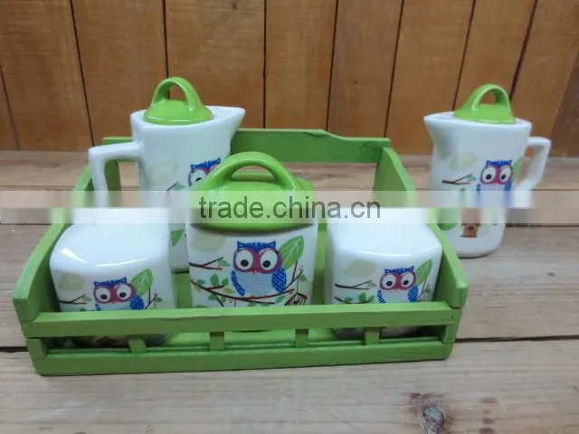 New owl decal 5pcs condiment set salt and pepper with oil vinegar sugar pot set