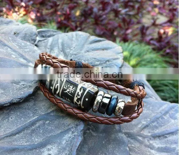 China style genuine plain leather bracelets with big cow bone bead