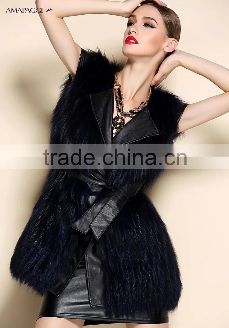 Hot sale dark blue sliver fox fur vest with leather vest