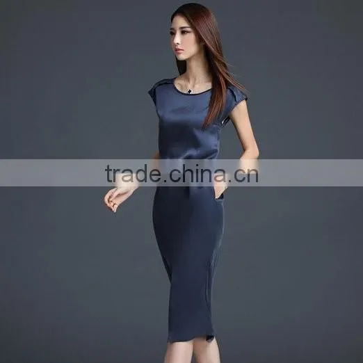 Women's Navy Short Sleeve Shift with Sash Neck Short Sleeve Slim Silk Midi Dress