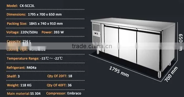 Commercial 3 Door Stainless steel Restaurant Kitchen Undercounter Freezer(INEO are professional on commercial kitchen project)