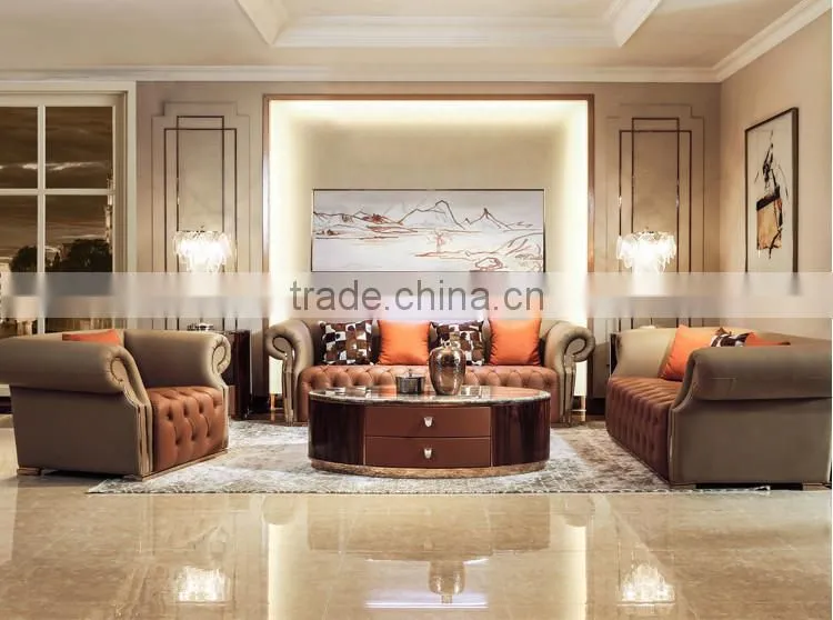 Contemporary Genuine Leather Sofa With Stainless Steel Base, Modern Chesterfield Home Sofa Set(MOQ=1 SET)
