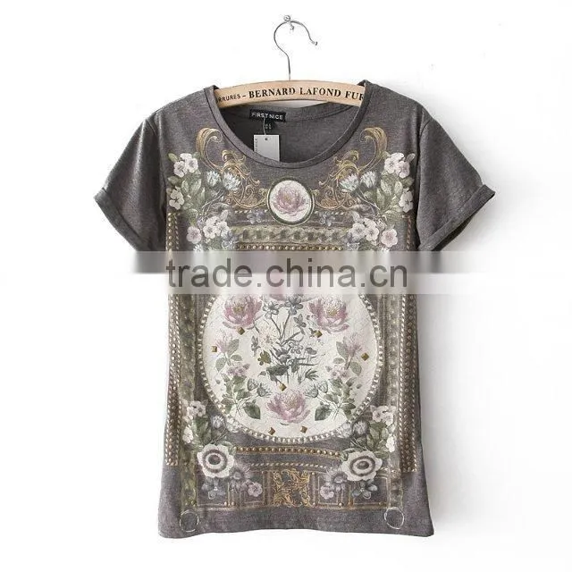 spring Summer New Fashion Women T Shirt Royal Wind Flower Print O-Neck Short-Sleeve Roll Up Hem Cotton T-Shirts clothing