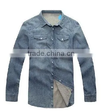 2016 new double pockets slim fit stone washed denim shirt for man