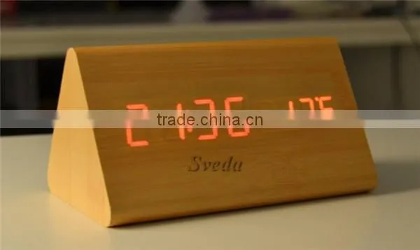 (Crazy Hot Selling)Wholesale Digital Wooden LED Alarm Clock,Wooden Table Clock,sound control Alarm Clock,Triangle wooden clock