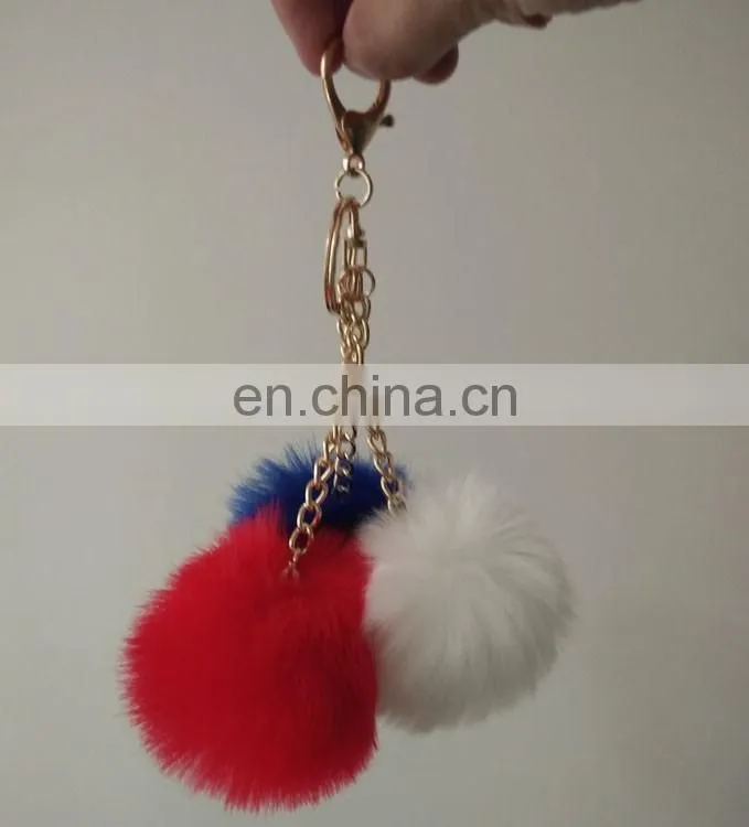wholesale three colored fake fur union jack pom keychain bag charm with gold chain