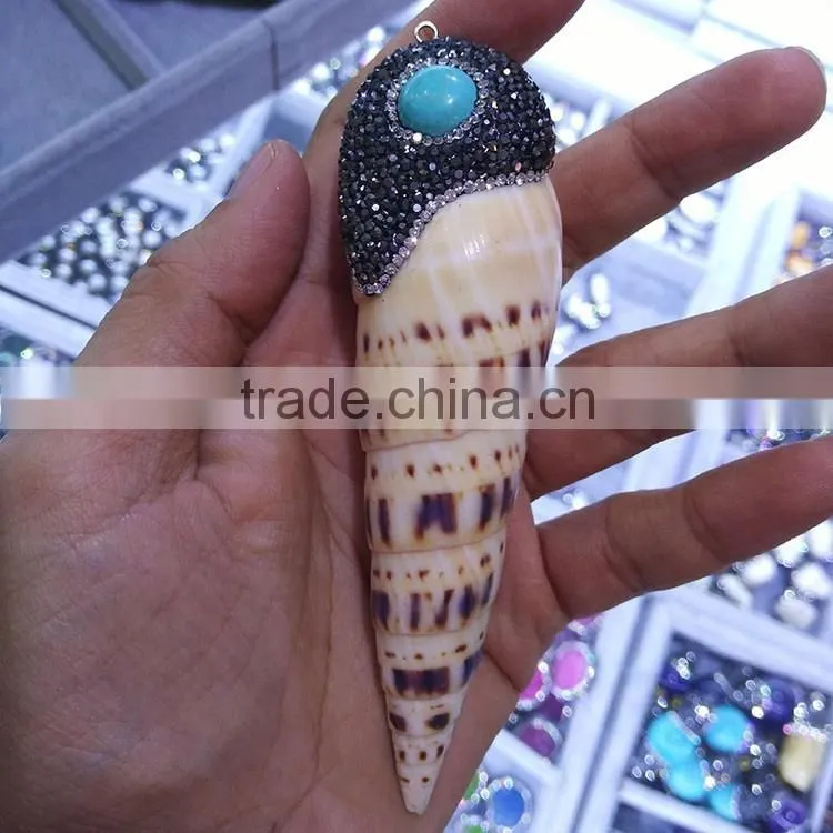 JF6894 Great natural sea shell,miro CZ pave cap long conch tip pendant