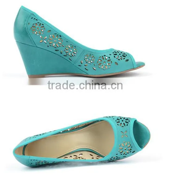 Fashion green color peep toe laser upper wedge heel women shoes