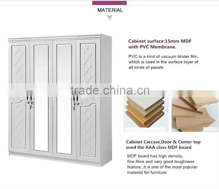 Bedroom furniture mirrored almirah 4 doors modern wooden easy assembled wardrobe