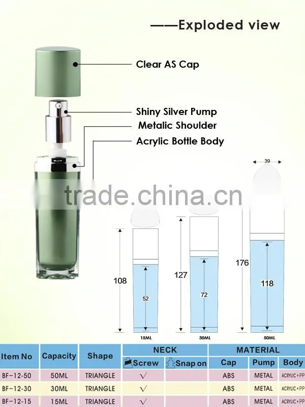 15ml 30ml 50ml Blue Triangle Acrylic Skin Care Lotion Bottle for Cosmetics