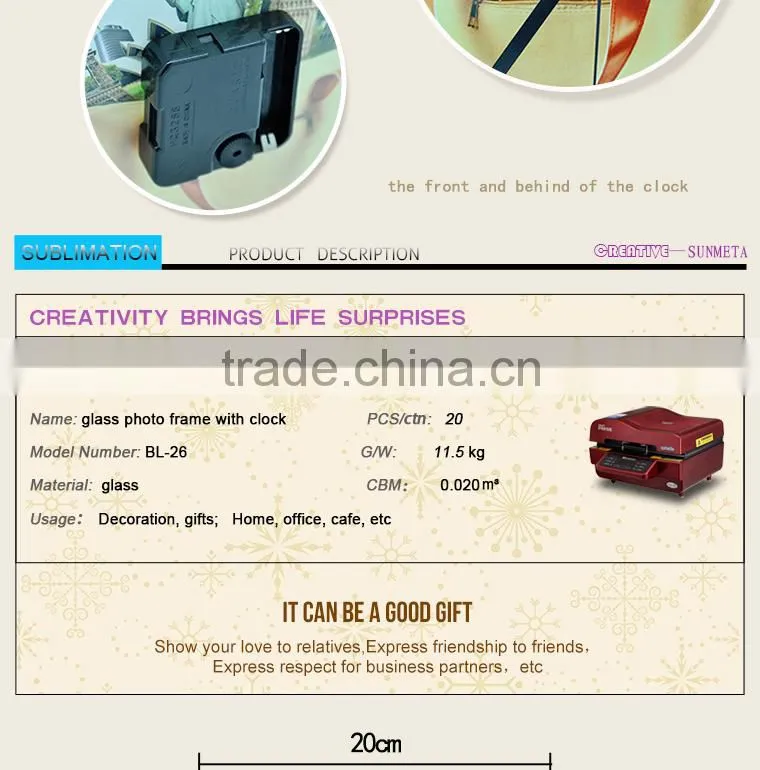 Sunmeta factory directly blank sublimation square glass photo frame with clock BL-26