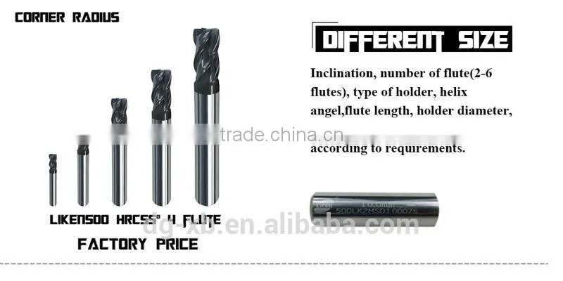 Solid Carbide standard size end mills with corner radius, carbide cnc cutting