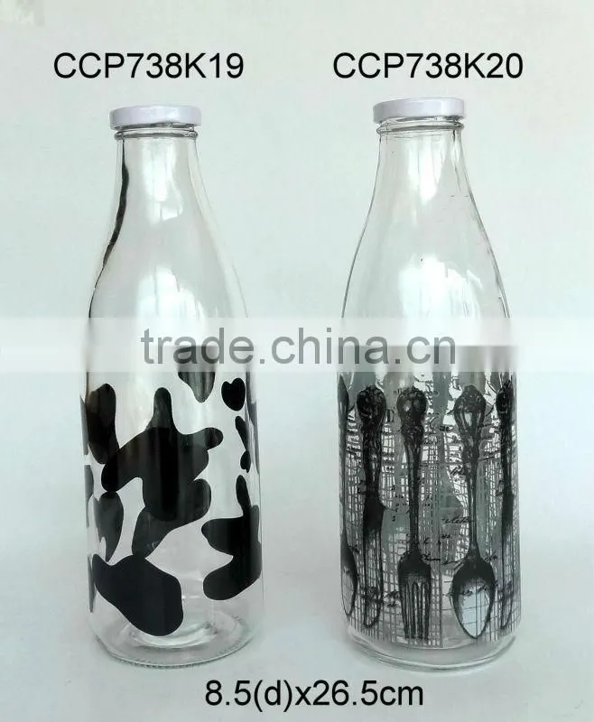 CCP738FK4 1L glass milk bottle with decal printing with metal lid