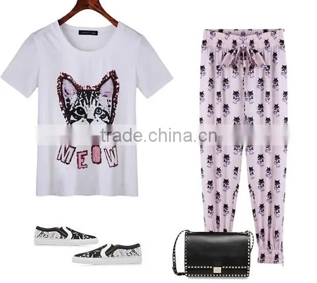 Latest Fashion Wholesale Garment Woman Loose Little Cat Printed Chiffon Shirts 2014 Summer Garment