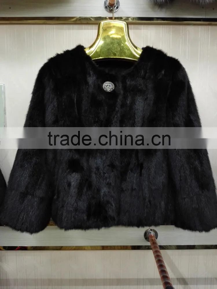 Mink fur coat with silver fox collar for women winter
