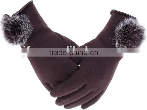 Wholesale Comfortable Winter Girls Rabbit Fur balls Cuff Thick Wool Gloves