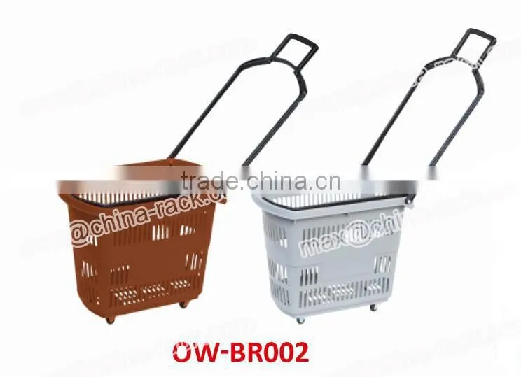 Popular Welcomed Long Handle Plastic Four Wheels Rolling Supermarket Shopping Basket