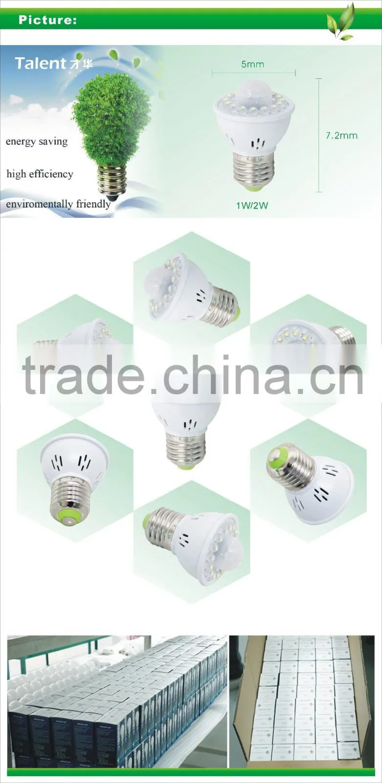 2016 China supplier home decor E27 B22 1W 2W 3W 5W indoor PIR sensor led light