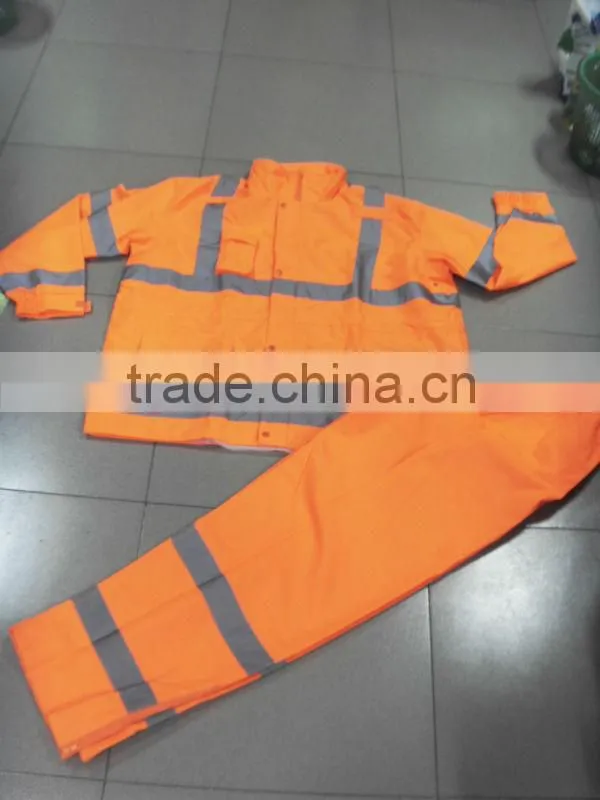 high visibility orange reflective safety rainsuit