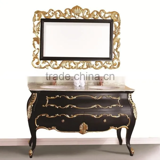Vintage Ornate Baroque Reproduction Italian Style Solid Wood Bathroom Cabinet with Brown Marble Countertop BF12-06144b