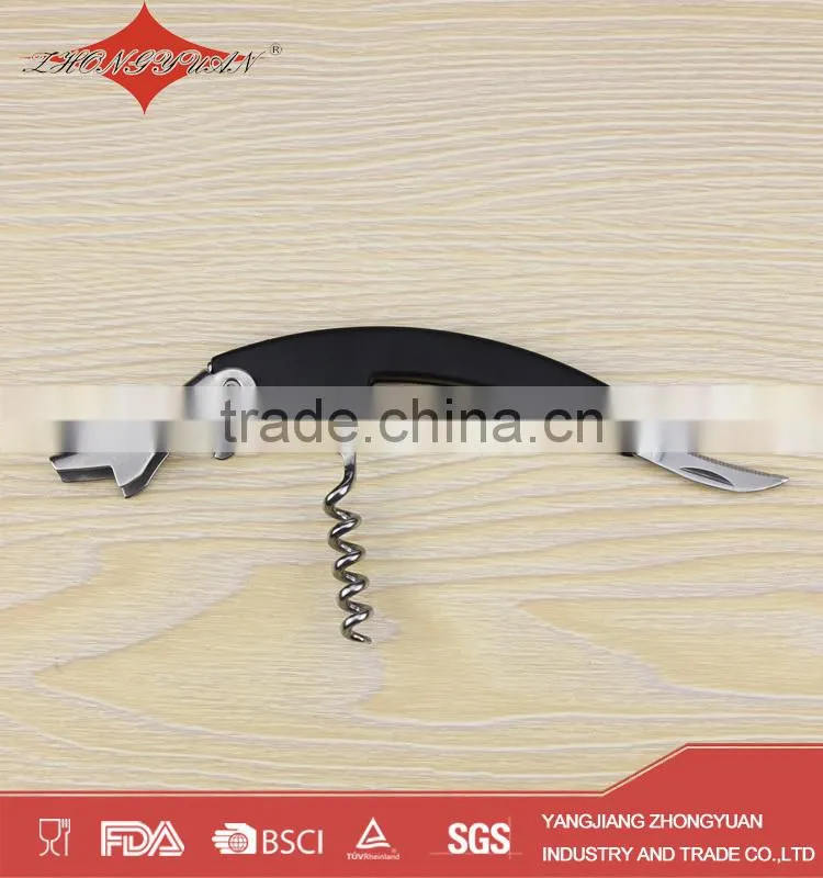Black plastic corkscrew wine opener with knife